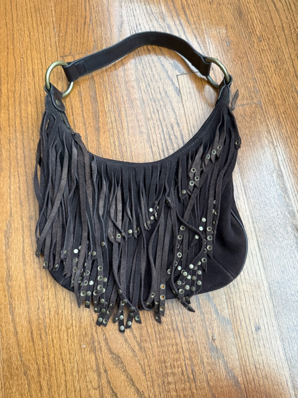 Vintage Express Genuine Suede Fringe Hobo Bag - Brown Studded Western Y2K Boho - Picture 2 of 6